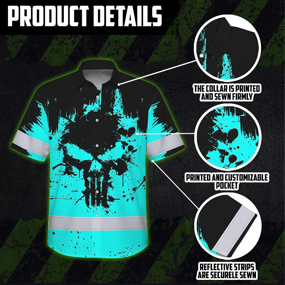 Hi Vis Hawaiian Skull Shirt, Blue Neon Custom Name High Visibility Short Sleeve Button Down Shirt for Workers, Truckers