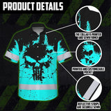 Hi Vis Hawaiian Skull Shirt, Blue Neon Custom Name High Visibility Short Sleeve Button Down Shirt for Workers, Truckers