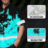 Hi Vis Hawaiian Skull Shirt, Blue Neon Custom Name High Visibility Short Sleeve Button Down Shirt for Workers, Truckers