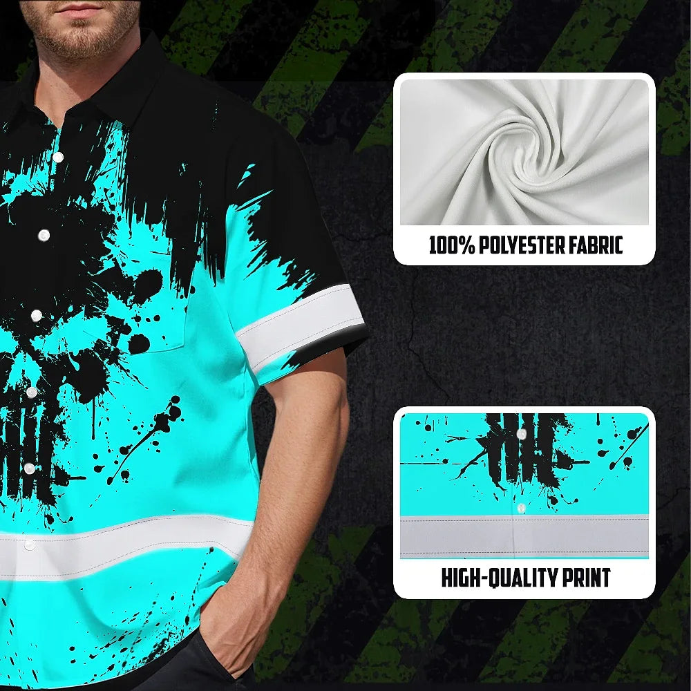 Hi Vis Hawaiian Skull Shirt, Blue Neon Custom Name High Visibility Short Sleeve Button Down Shirt for Workers, Truckers