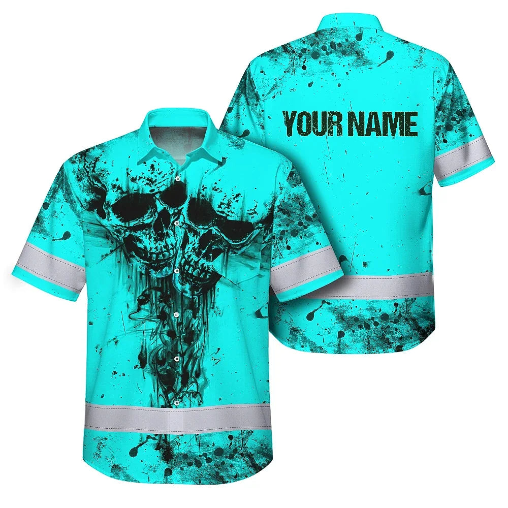 Hi Vis Hawaiian Skull Shirt, Blue Neon Custom Name High Visibility Short Sleeve Button Down Shirt for Workers, Truckers
