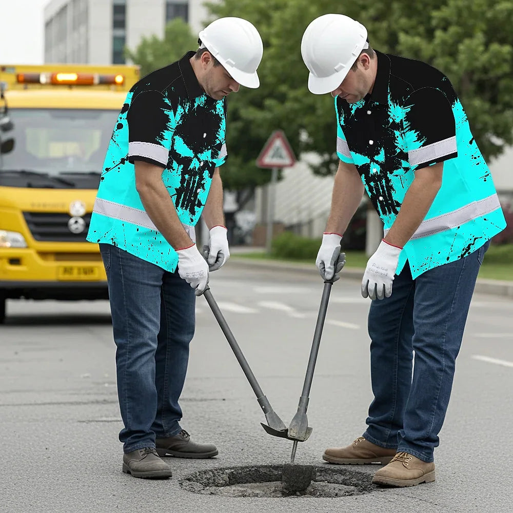 Hi Vis Hawaiian Skull Shirt, Blue Neon Custom Name High Visibility Short Sleeve Button Down Shirt for Workers, Truckers