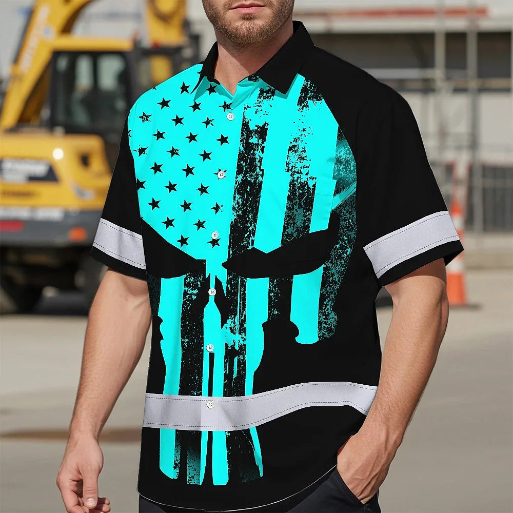 Hi Vis Hawaiian Skull Shirt, Blue Neon Custom Name High Visibility Short Sleeve Button Down Shirt for Workers, Truckers