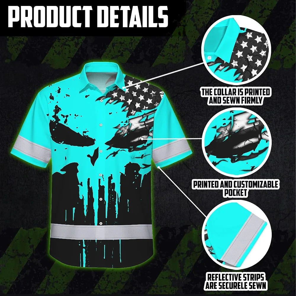 Hi Vis Hawaiian Skull Shirt, Blue Neon Custom Name High Visibility Short Sleeve Button Down Shirt for Workers, Truckers