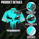 Hi Vis Hawaiian Skull Shirt, Blue Neon Custom Name High Visibility Short Sleeve Button Down Shirt for Workers, Truckers