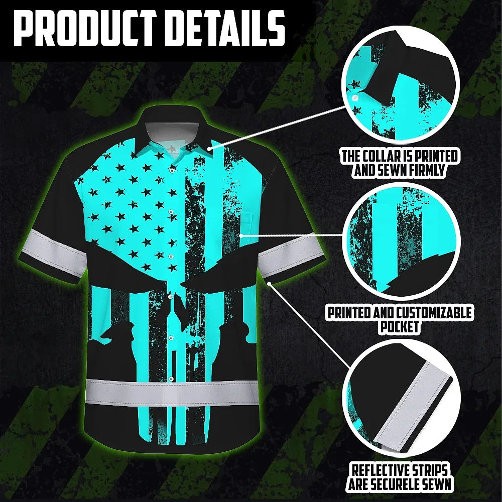 Hi Vis Hawaiian Skull Shirt, Blue Neon Custom Name High Visibility Short Sleeve Button Down Shirt for Workers, Truckers