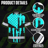 Hi Vis Hawaiian Skull Shirt, Blue Neon Custom Name High Visibility Short Sleeve Button Down Shirt for Workers, Truckers