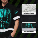 Hi Vis Hawaiian Skull Shirt, Blue Neon Custom Name High Visibility Short Sleeve Button Down Shirt for Workers, Truckers