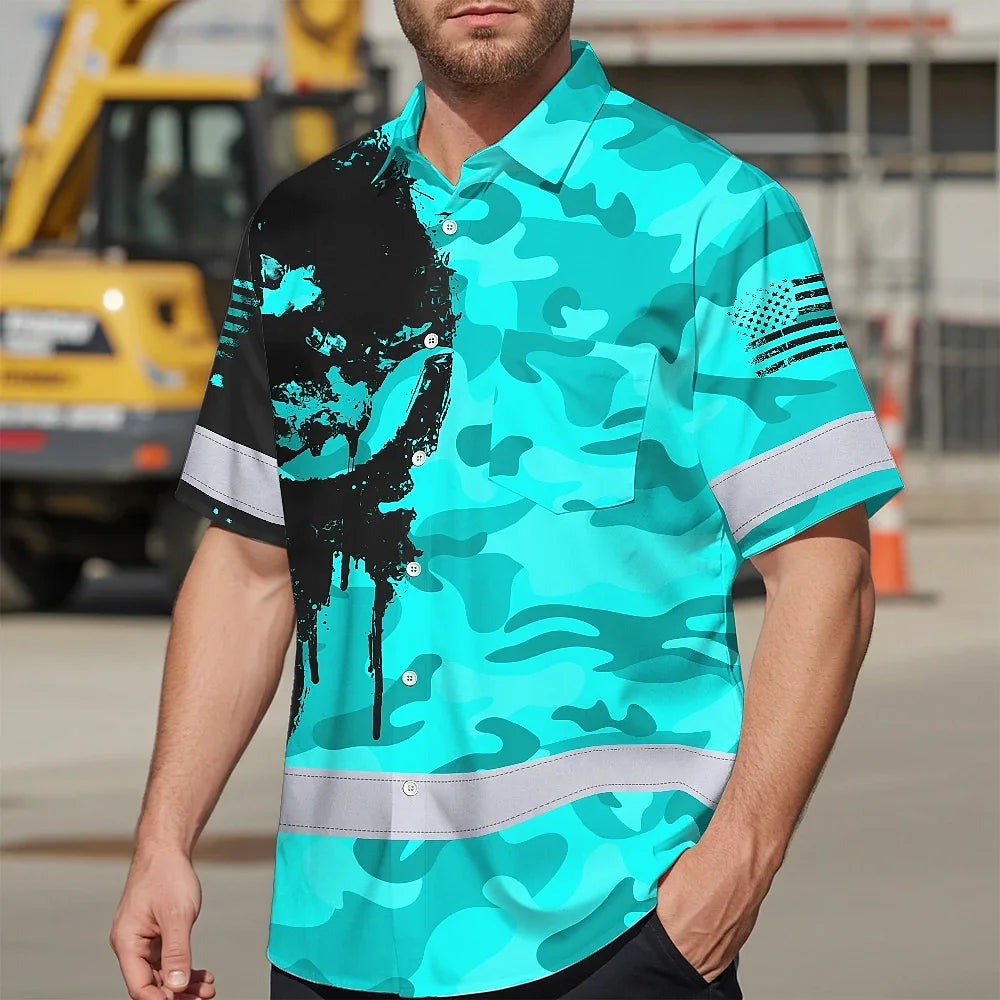 Hi Vis Hawaiian Skull Shirt, Blue Neon Custom Name High Visibility Short Sleeve Button Down Shirt for Workers, Truckers