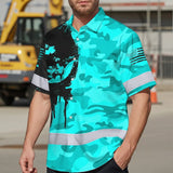 Hi Vis Hawaiian Skull Shirt, Blue Neon Custom Name High Visibility Short Sleeve Button Down Shirt for Workers, Truckers