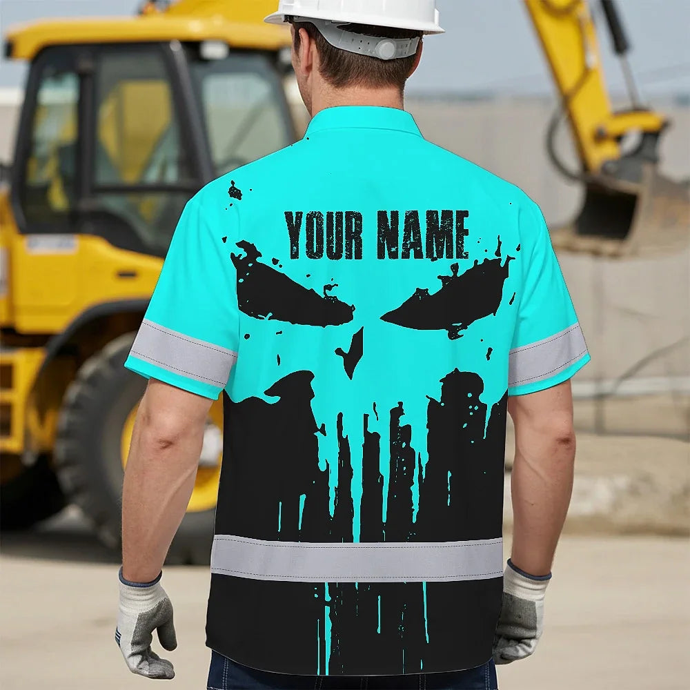 Hi Vis Hawaiian Skull Shirt, Blue Neon Custom Name High Visibility Short Sleeve Button Down Shirt for Workers, Truckers