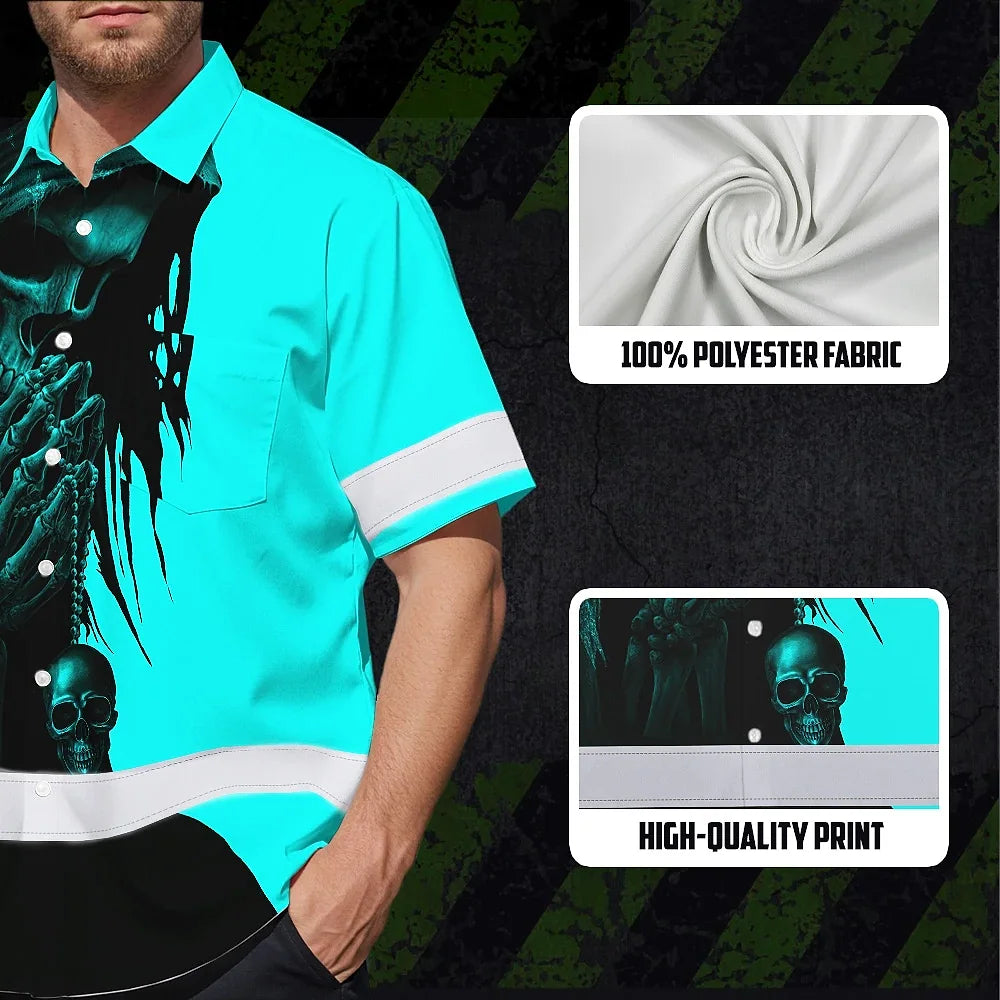 Hi Vis Hawaiian Skull Shirt, Blue Neon Custom Name High Visibility Short Sleeve Button Down Shirt for Workers, Truckers