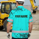 Hi Vis Hawaiian Skull Shirt, Blue Neon Custom Name High Visibility Short Sleeve Button Down Shirt for Workers, Truckers