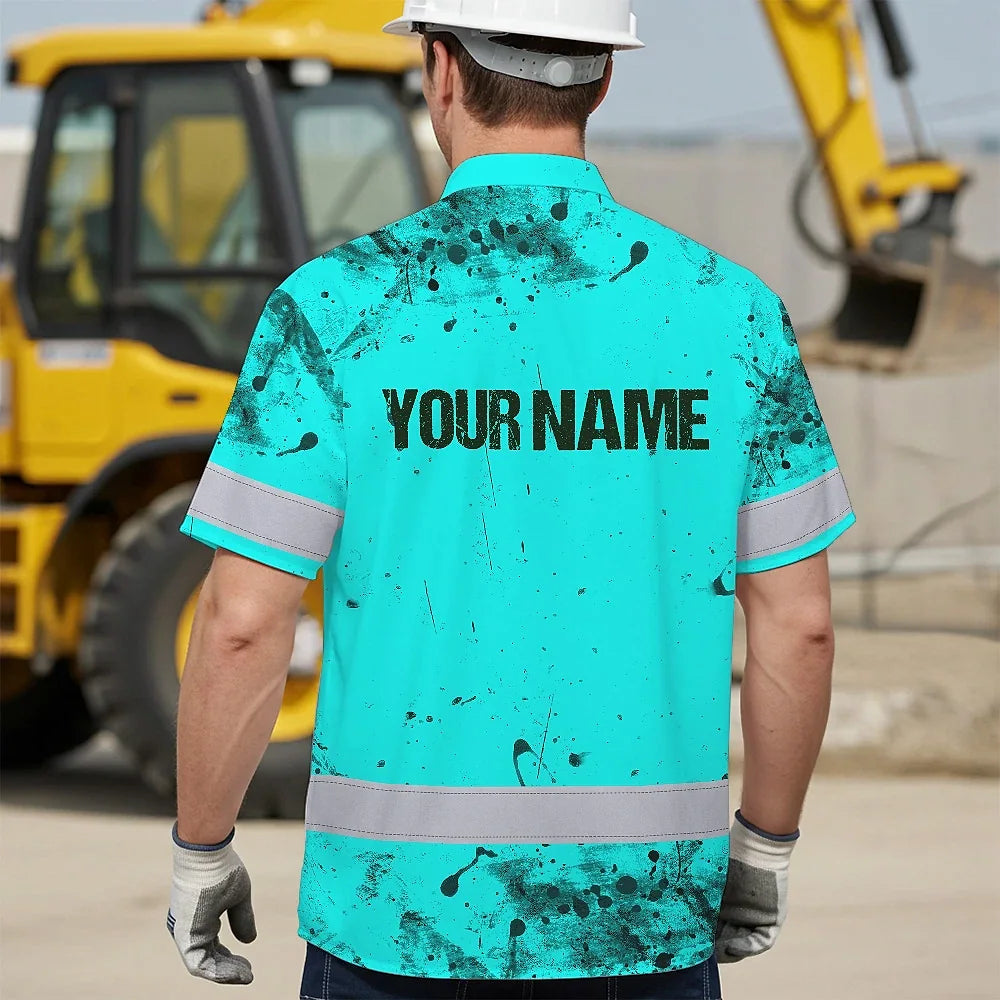 Hi Vis Hawaiian Skull Shirt, Blue Neon Custom Name High Visibility Short Sleeve Button Down Shirt for Workers, Truckers