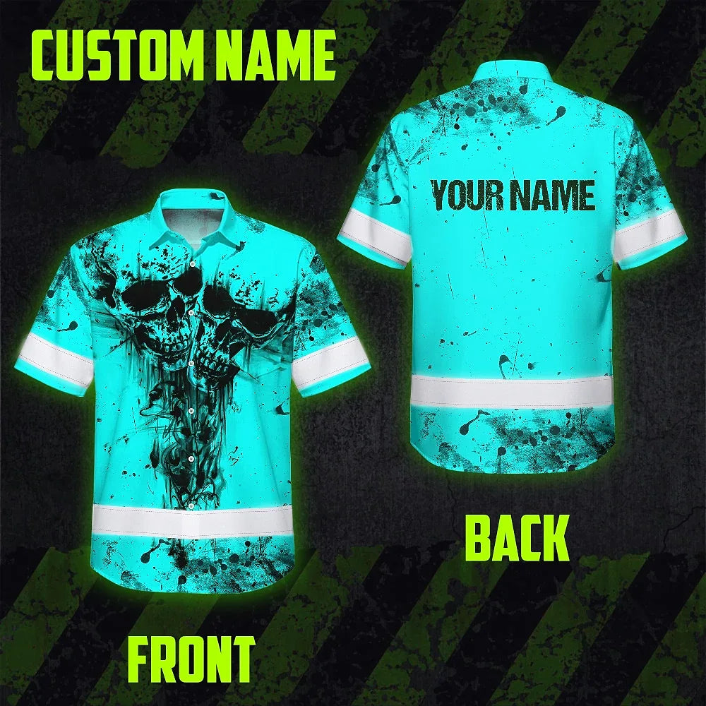 Hi Vis Hawaiian Skull Shirt, Blue Neon Custom Name High Visibility Short Sleeve Button Down Shirt for Workers, Truckers