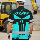 Hi Vis Hawaiian Skull Shirt, Blue Neon Custom Name High Visibility Short Sleeve Button Down Shirt for Workers, Truckers