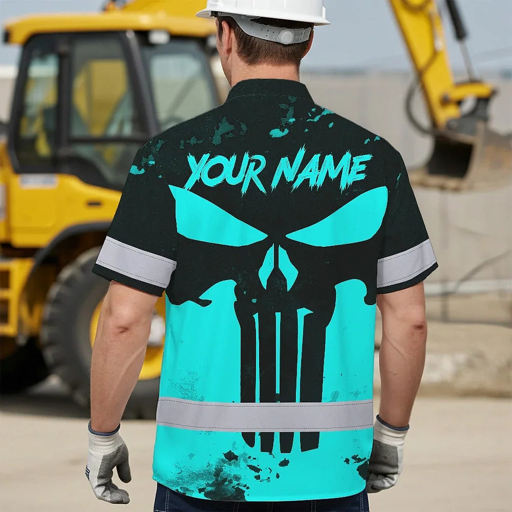 Hi Vis Hawaiian Skull Shirt, Blue Neon Custom Name High Visibility Short Sleeve Button Down Shirt for Workers, Truckers