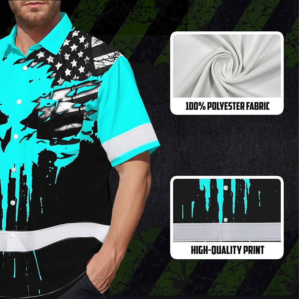 Hi Vis Hawaiian Skull Shirt, Blue Neon Custom Name High Visibility Short Sleeve Button Down Shirt for Workers, Truckers