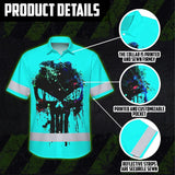 Hi Vis Hawaiian Skull Shirt, Blue Neon Custom Name High Visibility Short Sleeve Button Down Shirt for Workers, Truckers