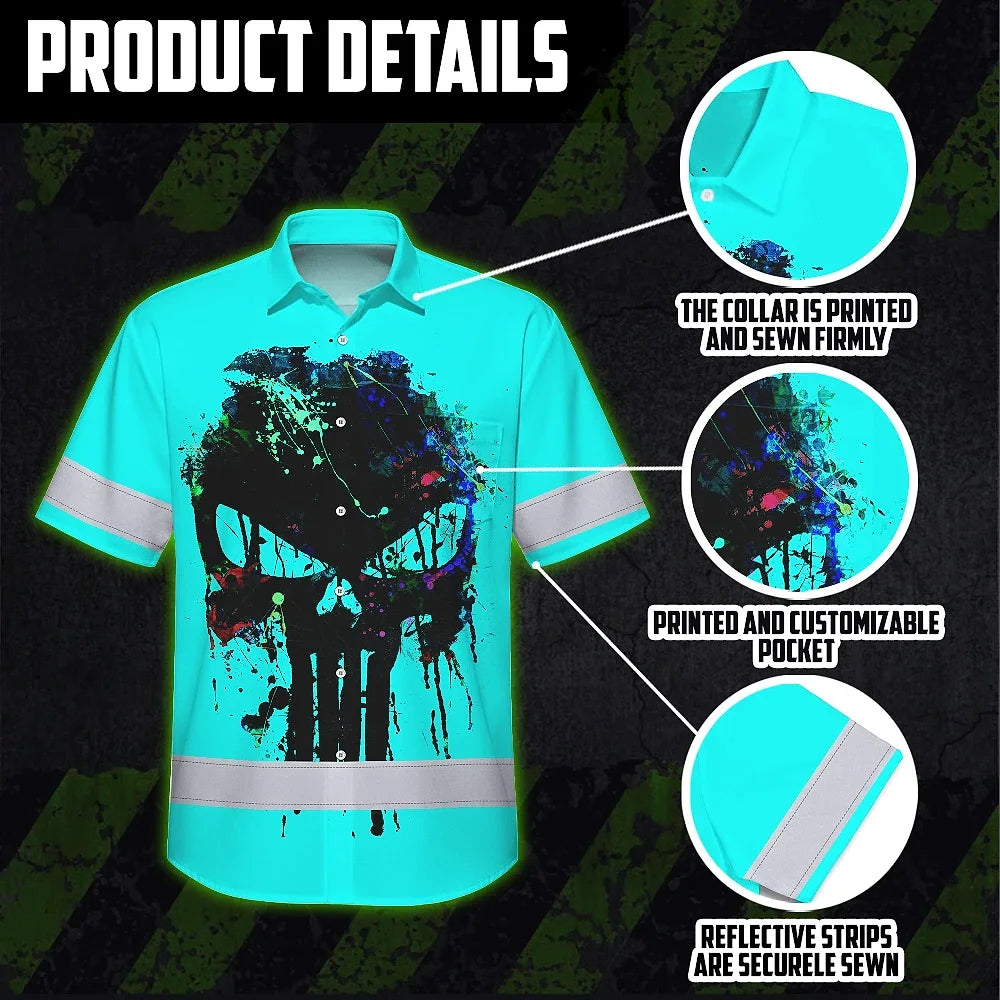 Hi Vis Hawaiian Skull Shirt, Blue Neon Custom Name High Visibility Short Sleeve Button Down Shirt for Workers, Truckers