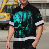Hi Vis Hawaiian Skull Shirt, Blue Neon Custom Name High Visibility Short Sleeve Button Down Shirt for Workers, Truckers