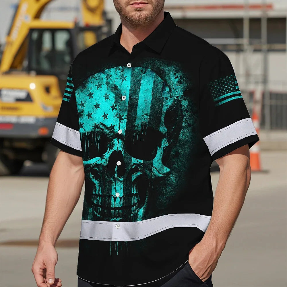 Hi Vis Hawaiian Skull Shirt, Blue Neon Custom Name High Visibility Short Sleeve Button Down Shirt for Workers, Truckers
