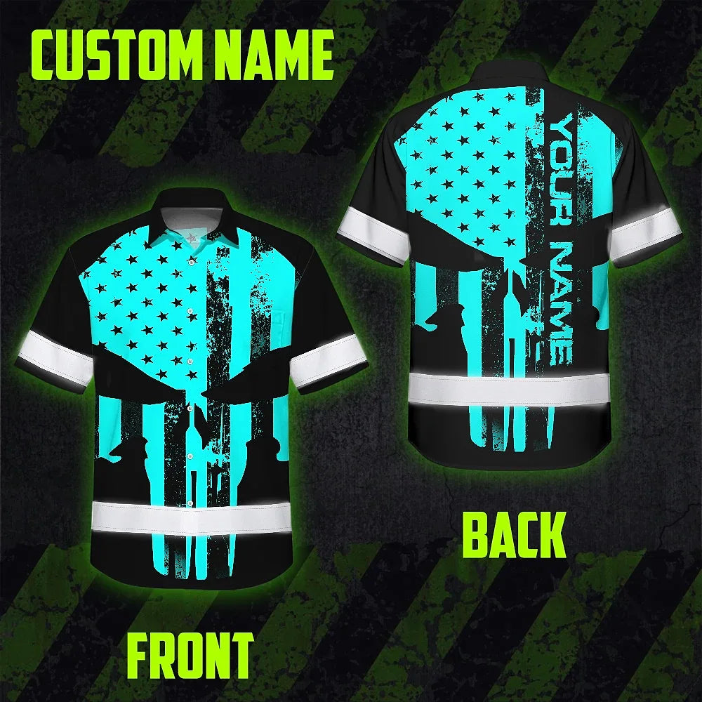 Hi Vis Hawaiian Skull Shirt, Blue Neon Custom Name High Visibility Short Sleeve Button Down Shirt for Workers, Truckers