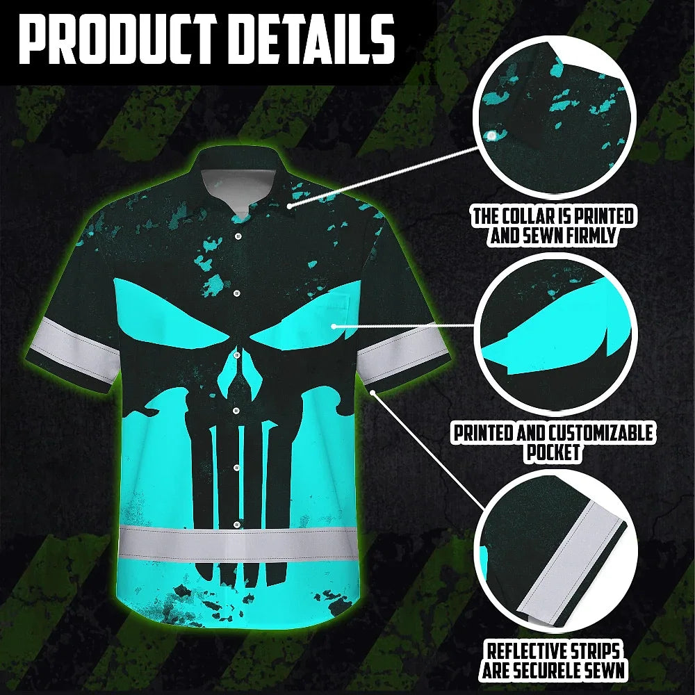 Hi Vis Hawaiian Skull Shirt, Blue Neon Custom Name High Visibility Short Sleeve Button Down Shirt for Workers, Truckers