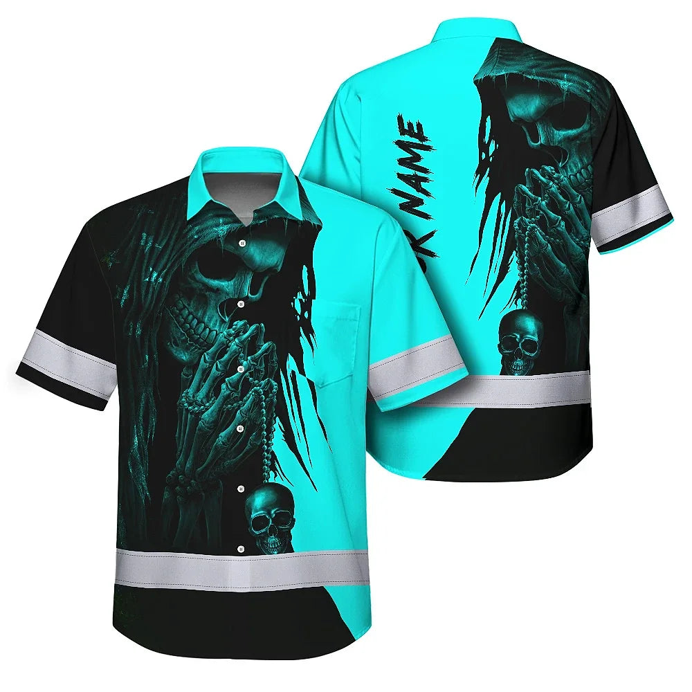 Hi Vis Hawaiian Skull Shirt, Blue Neon Custom Name High Visibility Short Sleeve Button Down Shirt for Workers, Truckers