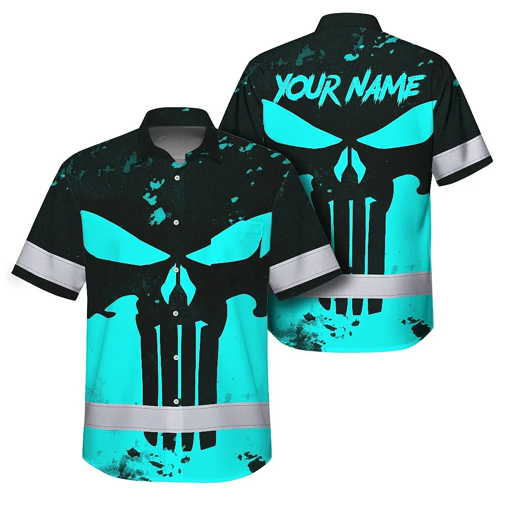Hi Vis Hawaiian Skull Shirt, Blue Neon Custom Name High Visibility Short Sleeve Button Down Shirt for Workers, Truckers