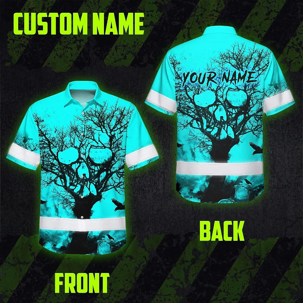 Hi Vis Hawaiian Skull Shirt, Blue Neon Custom Name High Visibility Short Sleeve Button Down Shirt for Workers, Truckers