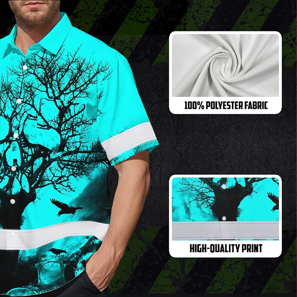 Hi Vis Hawaiian Skull Shirt, Blue Neon Custom Name High Visibility Short Sleeve Button Down Shirt for Workers, Truckers