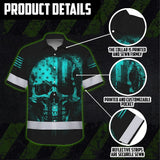 Hi Vis Hawaiian Skull Shirt, Blue Neon Custom Name High Visibility Short Sleeve Button Down Shirt for Workers, Truckers
