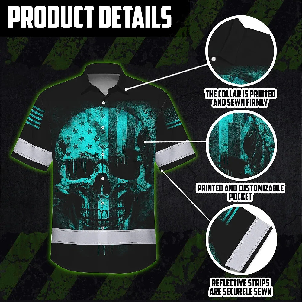 Hi Vis Hawaiian Skull Shirt, Blue Neon Custom Name High Visibility Short Sleeve Button Down Shirt for Workers, Truckers