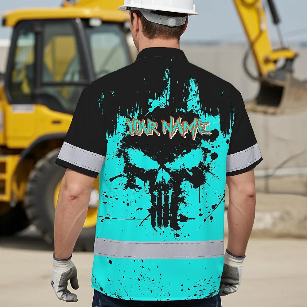 Hi Vis Hawaiian Skull Shirt, Blue Neon Custom Name High Visibility Short Sleeve Button Down Shirt for Workers, Truckers