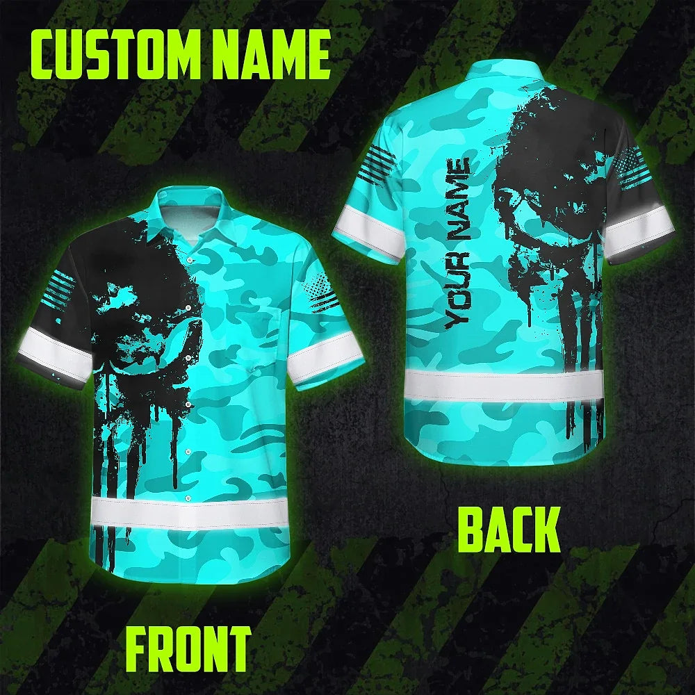 Hi Vis Hawaiian Skull Shirt, Blue Neon Custom Name High Visibility Short Sleeve Button Down Shirt for Workers, Truckers