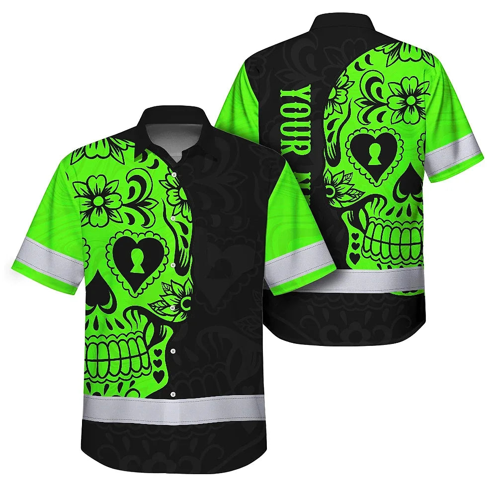 Hi Vis Hawaiian Skull Shirt, Green Neon Custom Name High Visibility Short Sleeve Button Down Shirt for Workers, Truckers
