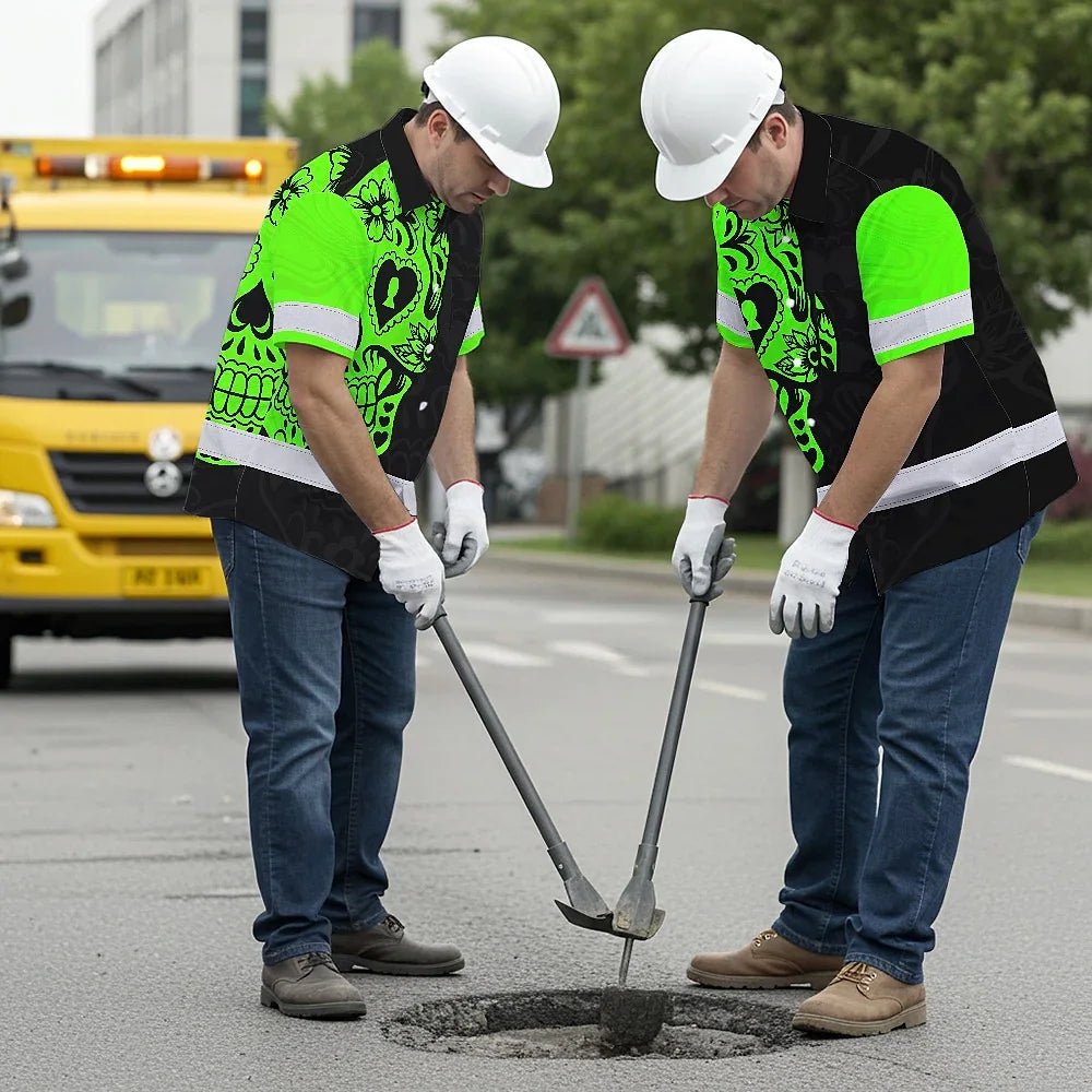 Hi Vis Hawaiian Skull Shirt, Green Neon Custom Name High Visibility Short Sleeve Button Down Shirt for Workers, Truckers