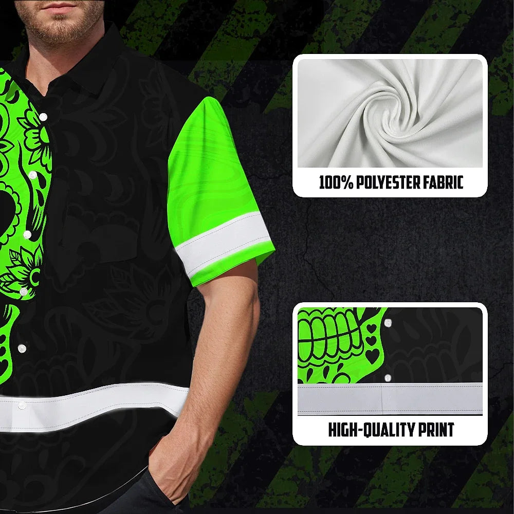 Hi Vis Hawaiian Skull Shirt, Green Neon Custom Name High Visibility Short Sleeve Button Down Shirt for Workers, Truckers