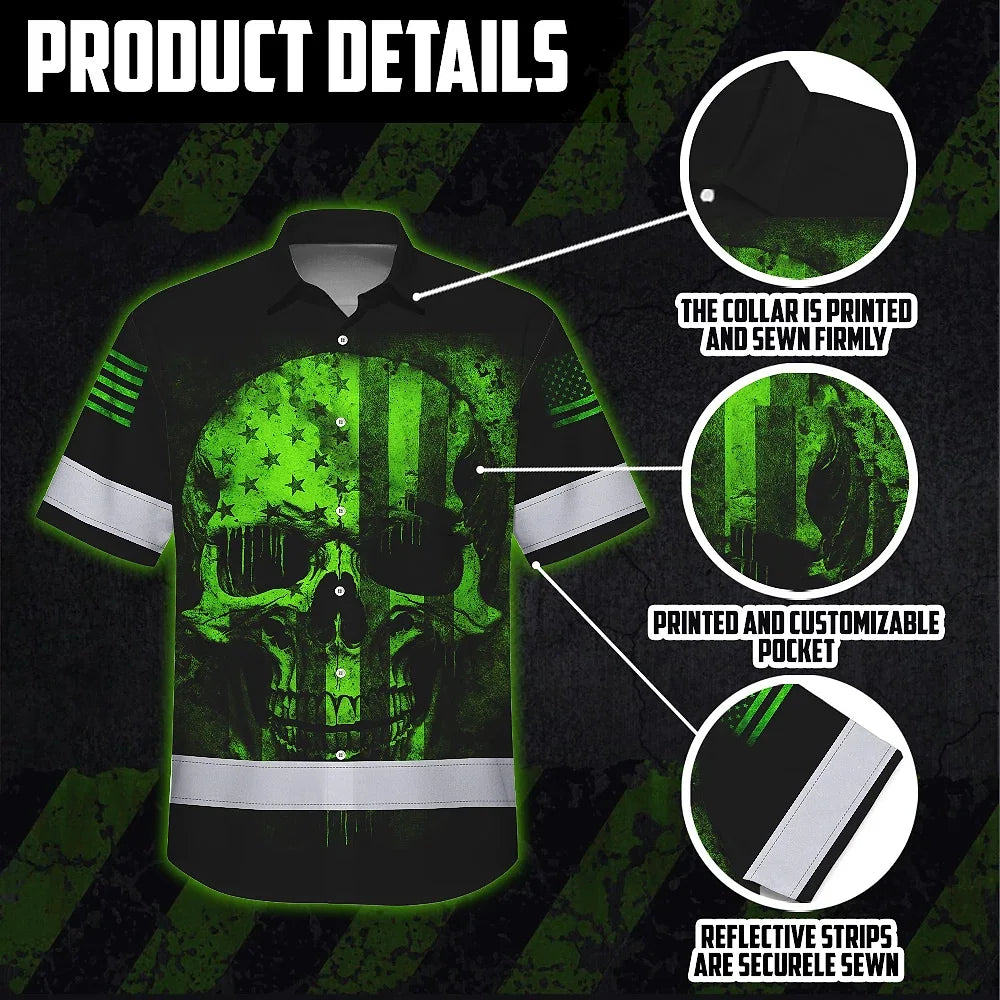 Hi Vis Hawaiian Skull Shirt, Green Neon Custom Name High Visibility Short Sleeve Button Down Shirt for Workers, Truckers