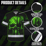 Hi Vis Hawaiian Skull Shirt, Green Neon Custom Name High Visibility Short Sleeve Button Down Shirt for Workers, Truckers