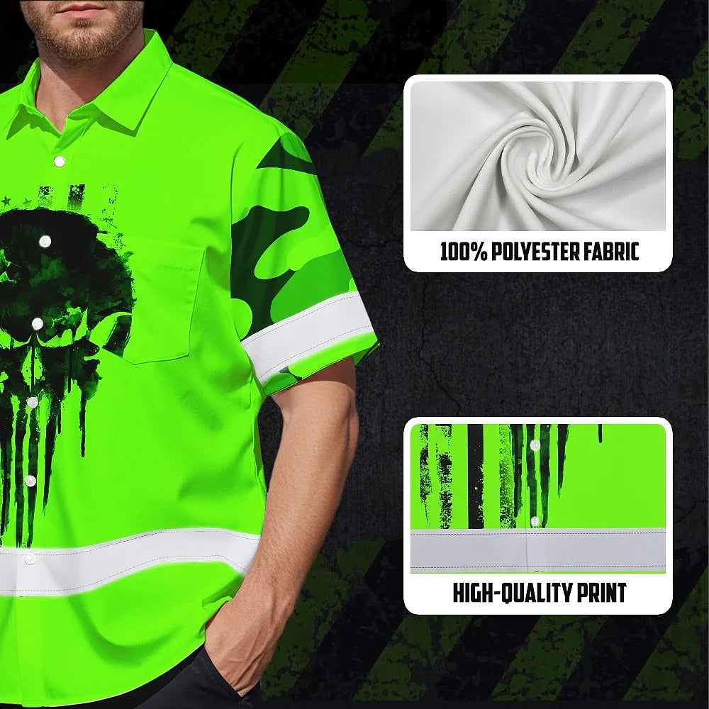 Hi Vis Hawaiian Skull Shirt, Green Neon Custom Name High Visibility Short Sleeve Button Down Shirt for Workers, Truckers