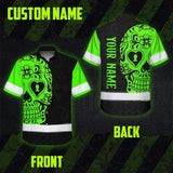 Hi Vis Hawaiian Skull Shirt, Green Neon Custom Name High Visibility Short Sleeve Button Down Shirt for Workers, Truckers