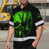 Hi Vis Hawaiian Skull Shirt, Green Neon Custom Name High Visibility Short Sleeve Button Down Shirt for Workers, Truckers