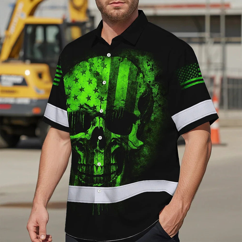 Hi Vis Hawaiian Skull Shirt, Green Neon Custom Name High Visibility Short Sleeve Button Down Shirt for Workers, Truckers