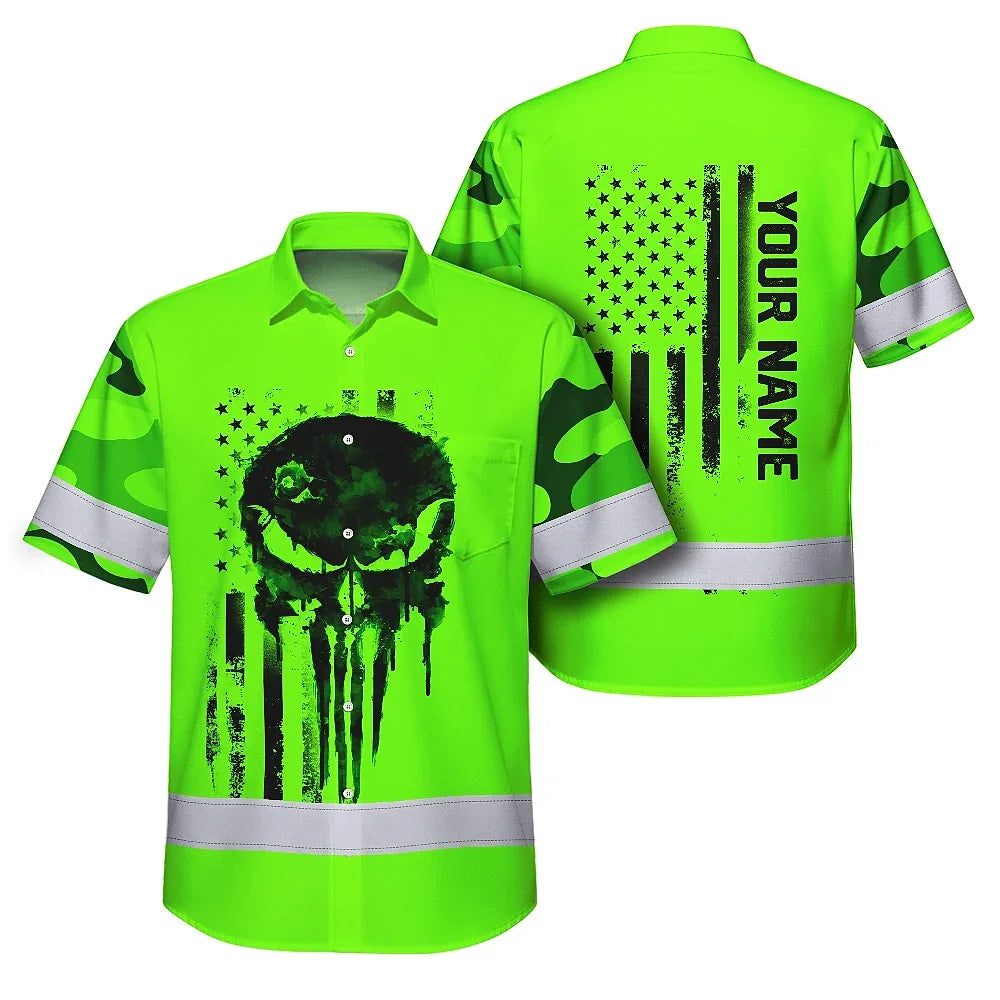 Hi Vis Hawaiian Skull Shirt, Green Neon Custom Name High Visibility Short Sleeve Button Down Shirt for Workers, Truckers