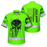 Hi Vis Hawaiian Skull Shirt, Green Neon Custom Name High Visibility Short Sleeve Button Down Shirt for Workers, Truckers