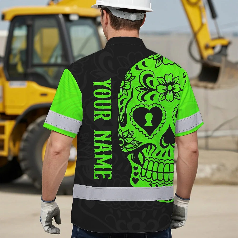 Hi Vis Hawaiian Skull Shirt, Green Neon Custom Name High Visibility Short Sleeve Button Down Shirt for Workers, Truckers