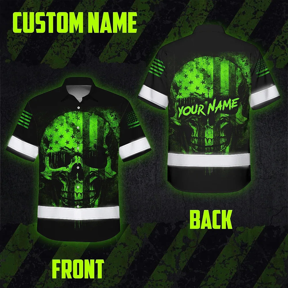 Hi Vis Hawaiian Skull Shirt, Green Neon Custom Name High Visibility Short Sleeve Button Down Shirt for Workers, Truckers