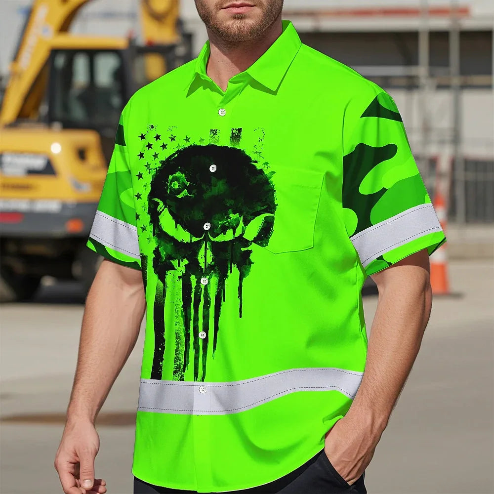 Hi Vis Hawaiian Skull Shirt, Green Neon Custom Name High Visibility Short Sleeve Button Down Shirt for Workers, Truckers